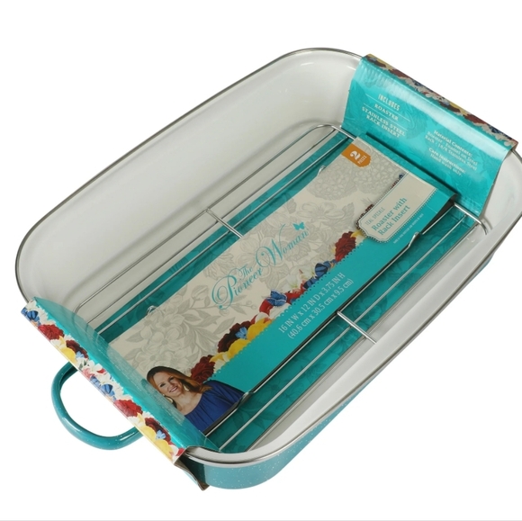 ❤️ New Pioneer Woman Teal Speckle Enamel on Steel Roaster with Rack - Picture 5 of 10